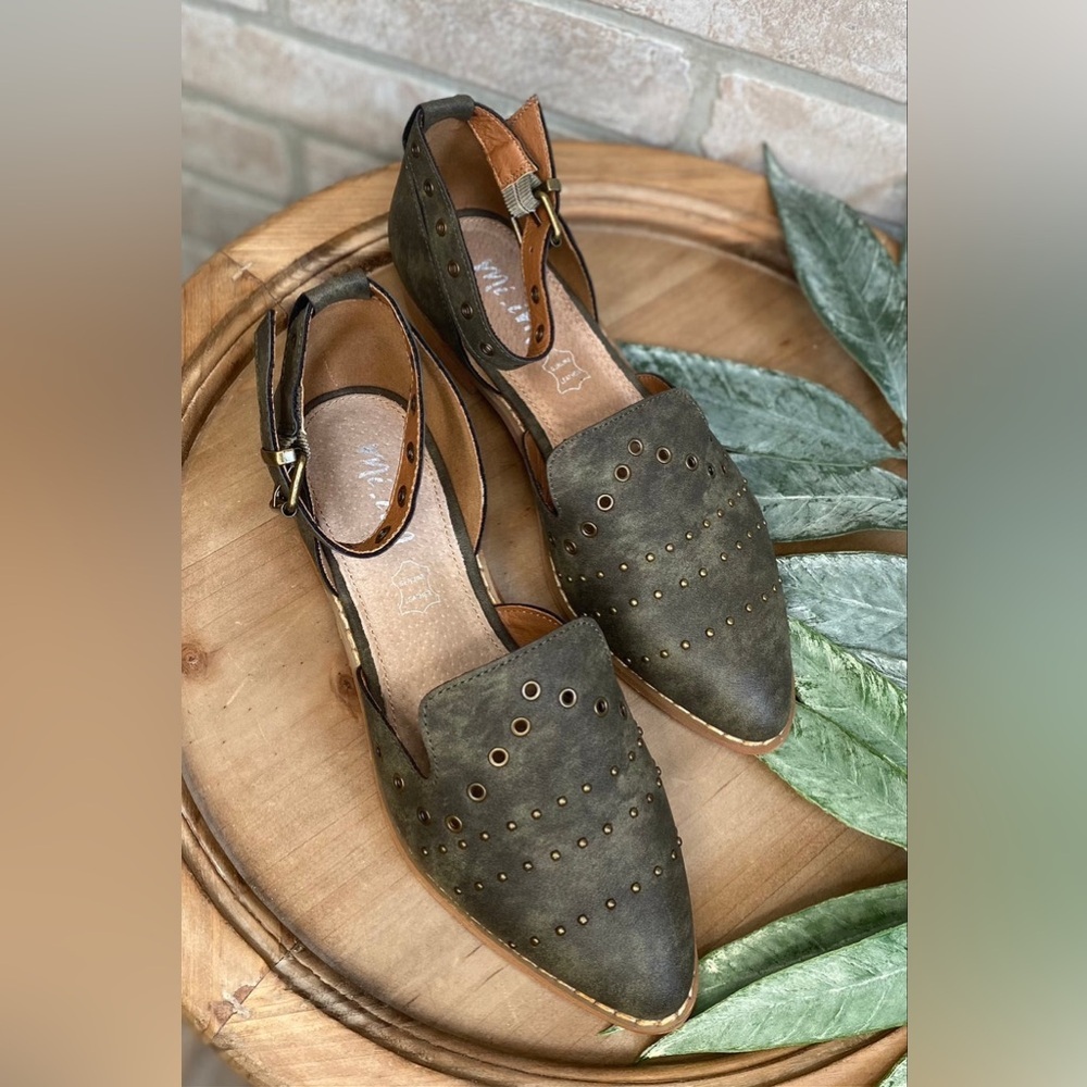 Miracle Miles Olive Green Studded Pointed Toe Flats